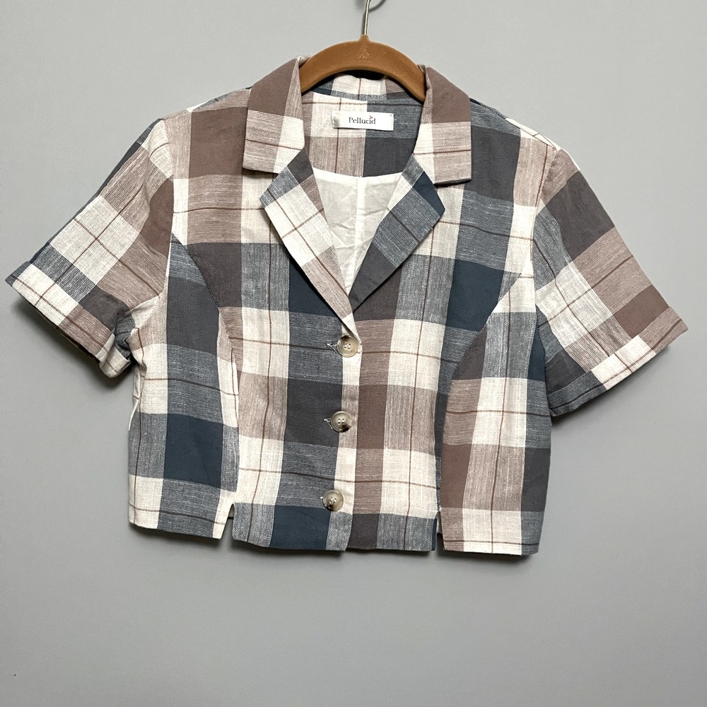 Pellucid pretty plaid skirt suit with short sleeve cropped jacket
